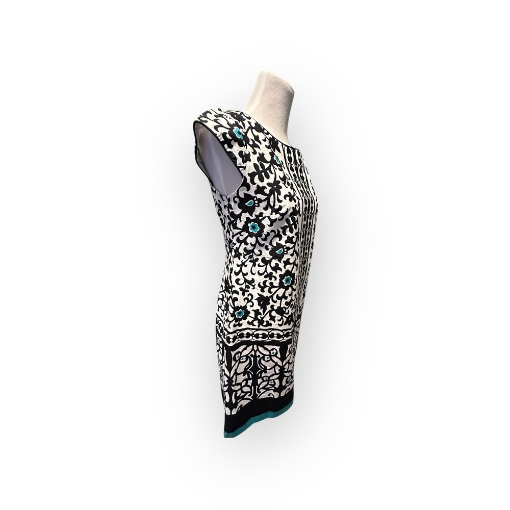 Liz Claiborne Sheath Dress Size 6 Black White Turquoise Scroll Border Print - Picture 10 of 16